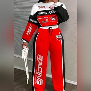 Red Racing-Style Wide Leg Track Pants with Black Trim And Crop Top Set New Sz Xl